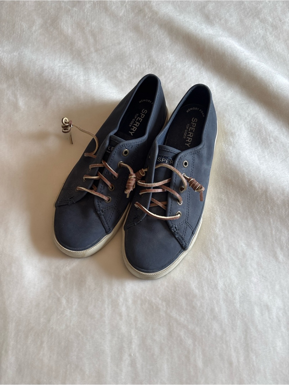 Sperry Navy Suede Boat Shoes with Brown Laces